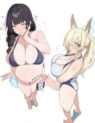 1futa 1girls animal_ear_fluff animal_ears bare_arms big_belly bikini black_bikini black_hair blonde_hair blue_archive blue_eyes blush breasts cleavage closed_eyes commentary dog_ears english_commentary erection female_sensei_(blue_archive) from_above futa_wife futa_with_female futanari hair_over_one_eye heart highres kanna_(blue_archive) kanna_(swimsuit)_(blue_archive) large_breasts large_penis long_hair mm_(yoromu) multiple_girls one-piece_swimsuit penis ponytail pregnancy_halo pregnant sensei_(blue_archive) simple_background standing swimsuit uncensored white_background white_one-piece_swimsuit
