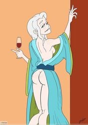 1girls alcohol ass back_view bedroom biting_lip blue_eyes bubble_butt casual clothing disenchantment drunk eyelashes female female_only freckles human kimono legs light_skin open_kimono open_robe outerwear pale-skinned_female pale_skin princess princess_tiabeanie public robe sideboob white_hair wine wine_glass zoobastik