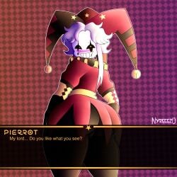 1boy femboy white_skin clown clown_boy pierrot_(the_freak_circus) thick_thighs thick_ass thicc thicc_thighs thicc_ass yellow_eyes blushing ass butt squeezing_butt nyrezu the_freak_circus dialogue black_pants