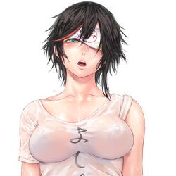 1:1_aspect_ratio aqua_eyes black_hair blindfold blindfold_lift blush erect_nipples erect_nipples_under_clothes female looking_at_viewer mikanman minori_yumeko minori_yumeko_(character) nipples one_eye_covered open_mouth scoop_neck see-through shirt short_hair short_sleeves simple_background solo upper_body virtual_youtuber wet wet_clothes wet_shirt white_background white_shirt