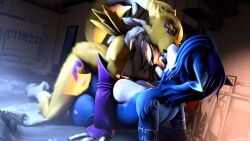 anthro armwear bandai_namco black_sclera blue_body blue_eyes blue_fur blue_hair cheek_tuft clothing countershading digimon digimon_(species) dipstick_tail double_tomoe duo facial_markings facial_tuft female female/female french_kissing fur hair head_markings hi_res inside kiss_on_lips kissing krystal_(star_fox) markings neck_tuft nintendo nipples on_top_of purple_armwear purple_clothing renamon saimon short_hair solo star_fox tail tail_markings tomoe_(symbol) tribal tribal_markings tuft warfare_krystal warfare_renamon white_body white_countershading yellow_body yellow_fur