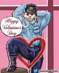 artist_comickokishin bara beastars big_penis comic comic_page comic_panel furry gay giant_panda gouhin gouhin_(beastars) heart muscle muscled_man muscles not_ai_generated officer panda pink police police_uniform uniform valentine's_day