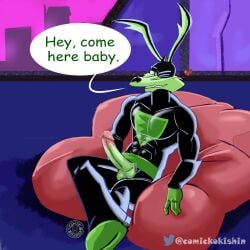 coyote warner_bros _animation coyote_vs_acne wile_e._coyote loonatics_unleashed superhero green_eyes latex latex_clothing furry furry_male dick erection erect_penis gay not_ai_generated