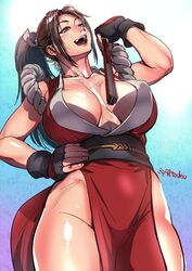 bare_arms bare_legs bare_shoulders big_breasts breasts brown_eyes brown_hair busty cleavage curvaceous curvy erect_nipples fatal_fury female female_focus female_only hourglass_figure king_of_fighters kishizuka_kenji kunoichi long_hair mai_shiranui nipple_bulge pinup ponytail pose posing snk solo standing tagme thick_thighs tied_hair wide_hips