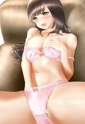 bare_arms bare_hips bare_legs bare_shoulders bow bow_bra bow_panties bra bra_pull bra_slip bra_strap breast_grab brown_eyes brown_hair couch female fingering grabbing grabbing_own_breast hand_in_panties highres masturbation navel nipples original panties pink_bra pink_panties solo underwear yurugumo