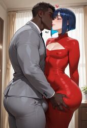 2boys 1femboy femboy male_on_femboy louie_blue ai_generated 2026 original_character blue_hair blue_eyes interracial kissing red_dress dark_skinned_male very_dark_skin thick_thighs huge_ass big_ass bulge_through_clothing bulge cleavage_cutout yaoi gay foreplay nipple_bulge