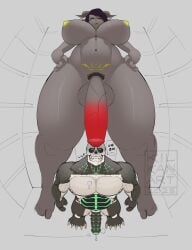 1boy 1futa areolae balls breasts color colored_skin futa futanari horns kilkan nipples original_character original_characters original_characters_only penis perspective pubic_hair pubic_tattoo size_difference skeleton tattoo