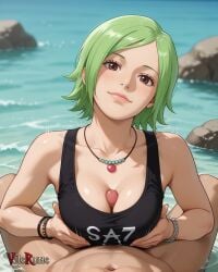 1boy 1girl 1girls ai_generated black_tank_top blush bracelet brown_eyes camie camie_(one_piece) cleavage green_hair head_tilt hetero jewelry light_smile looking_at_viewer medium_breasts mermaid motion_blur motion_lines navel necklace ocean one_piece paizuri paizuri_under_clothes partially_submerged penis pov rock short_hair sleeveless vilerune