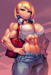 1girls abs ai_generated backpack bare_arms bare_shoulders big_breasts blonde_hair blue_eyes bra clothed clothing color female female_focus female_only fit_female gigiti hi_res jeans large_breasts light-skinned_female light_skin looking_at_viewer muscles muscular muscular_arms muscular_female original_character short_hair solo solo_female standing thick_thighs trogiai