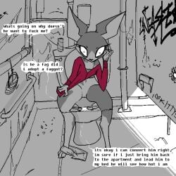 age_difference anthro bathroom bottomwear bottomwear_down clothed clothing comic domestic_cat english_text eyelashes felid feline felis female femnair genitals glory_hole hairless hairless_cat homophobia homophobic_slur mammal naircat navel older_female panties partially_clothed public_restroom restroom_stall shorts shorts_down solo sphynx_(cat) tail text underwear vulva
