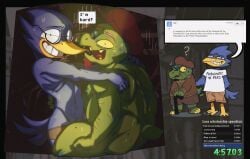 age_difference anthro areola avian belly berdly bird bodily_fluids caught_in_the_act clothed clothing darkner deltarune duo elderly_anthro elderly_male english_text eyewear gerson_boom_(deltarune) glasses hand_on_shoulder hat headgear headwear hi_res looking_at_viewer male male/male multiple_poses nervous nervous_smile nervous_sweat nipples one_eye_closed overweight overweight_anthro overweight_male pose reptile salamikii scalie shirt size_difference speech_bubble speedrun sweat sweaty_back text text_on_clothing text_on_shirt text_on_topwear topwear turtle undertale_(series) walking_stick wearing_glasses
