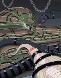animal_genitalia black_body black_scales blue_eyes bodily_fluids bound_snout cloaca cloaca_juice cobra collar duo female feral genital_fluids genitals green_body green_scales hi_res inflation nizaelle_(zer0) red_eyes reptile scales scalie sharp_teeth simple_background snake stretch_marks sweat sweatdrop teeth tongue tongue_out zerx0