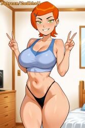 1girls ai_generated ass ass_focus ben_10 big_ass big_breasts blush breasts cameltoe curvy curvy_figure female female_only gwen_tennyson huge_breasts indoors looking_at_viewer orange_hair pussy room short_hair smile standing thong topwear zadbhell