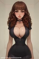 ai_generated animated arms_at_sides bangs black_choker black_dress blunt_bangs breasts brown_eyes brown_hair choker cleavage closed_mouth cowboy_shot curly_hair dress female goldencharacters harry_potter hermione_granger large_breasts lips long_hair looking_at_viewer mole mole_on_breast short_dress short_sleeves slap slapping_breasts solo tagme video watermark wavy_hair web_address wide_hips zipper
