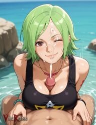 1boy 1girl 1girls ai_generated black_tank_top blush bracelet breast_press brown_eyes camie camie_(one_piece) cleavage cum_in_eye cum_on_face ejaculation facial green_hair head_tilt hetero jewelry looking_at_viewer medium_breasts mermaid motion_blur motion_lines navel necklace ocean one_piece paizuri paizuri_under_clothes partially_submerged penis pov projectile_cum rock short_hair sleeveless smile vilerune