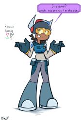 kushy_wushy ruby_lightspeed_(kush) strip_game white_background female female_only 1girls solo solo_female original_character clothing clothed clothed_female helmet helmet_with_visor dark-skinned_female dark_skin green_eyes