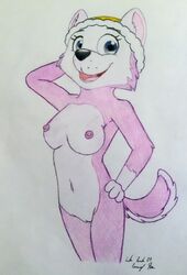 anthro black_nose blue_eyes breasts canid canine canis clothing domestic_dog everest_(paw_patrol) female fur hat headgear headwear hi_res mammal navel nipples nude paw_patrol pussy silversimba01 simple_background solo