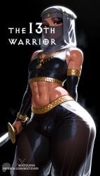 13th_warrior abs ai_art ai_assisted ai_generated arabian arabian_clothes armlet athletic crop_top dark-skinned_femboy dark-skinned_male dark_skin desert_warrior femboy from_below glistening hijab huge_ass looking_at_viewer movie_reference noctuzrn standing sweat sword thick_thighs title veil warrior wide_hips