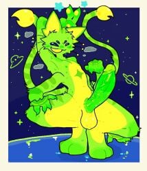 1boy alien alien_cat alien_eyes arm_behind_head armpit balls ballsack cat_ears cat_tail claws crouched crouching double_tail erection fe7r8iode four_arms four_eyes furry furry_only gnarpy_(regretevator) green_body green_fur green_hair green_skin hand_on_thigh long_penis male male_only musk musk_clouds nipples paws peace_sign regretevator roblox roblox_game space space_background star_symbol stars sweat sweatdrop sweating sweaty_body thighs whiskers yellow_fur