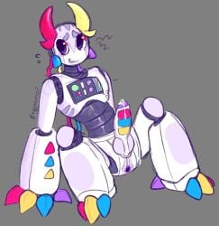 1boy anus ass blush canine_penis claws erection exposed_wires exquinoxe genital_fluids genitals horns knot male multicolored_claws precum precum_drip presenting presenting_hindquarters presenting_penis prototype_(regretevator) regretevator roblox robot robot_penis semi-anthro sitting solo spread_legs stylized tagme