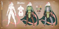accessory anthro armor branded cape clothing cuirass ear_piercing ear_ring fantasy female furgonomics greaves hair harmaagriffin hi_res knight mammal medieval melee_weapon model_sheet murid murine nipple_piercing nipple_ring nipples piercing plantigrade polearm poleyn rat ring_piercing rodent scar solo tail tail_accessory tailband warrior weapon white_body white_hair yellow_eyes