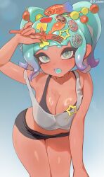 jtveemo 1girls solo splatoon splatoon_(series) splatoon_raiders mechanic_(splatoon_raiders) octoling octoling_girl nintendo blue_hair big_breasts breasts cleavage breast_focus looking_at_viewer shorts fork holding_object holding_utensil holding_fork pigtails bangs decora leaning_forward blushing bare_thighs bare_midriff crop_top sweat see-through see-through_clothing blush teeth open_mouth highres sports_bra