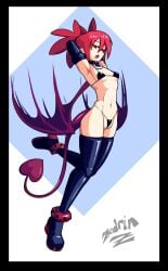 1girls disgaea zedrin etna red_hair hair twin_drills armwear black_gloves gloves arms_behind_head half-closed_eyes red_eyes neckwear choker succubus succubus_wings succubus_tail tail wings thighs thighhighs black_thighhighs legwear footwear heels full_body solo solo_female female female_only alternate_version_available topwear bottomwear alternate_costume black_bikini bikini bikini_top bikini_bottom swimwear micro_bikini flat_chest flat_chested