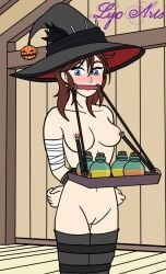 1girl 1girls arms_behind_back arms_tied bit_gag blue_eyes blush bondage breasts brown_hair dungeons_and_dragons female female_only leather_straps legs_together linedraweer lyo_arts naked nipple_clamps nude original_character potion potion_bottle pussy serving_drink serving_tray straps tray wide_eyed witch witch_hat