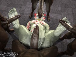 2026 3d 3d_(artwork) 5_toes anthro arm_tattoo big_penis canid canine canis chest_tattoo digital_media_(artwork) emanata english_description epic_games erection feet fletcher_kane fortnite fur genitals gold_(metal) gold_jewelry gold_necklace grey_body grey_fur group heart_symbol hi_res human imminent_gangbang jaiblizz jewelry lying male male/male mammal muscular muscular_human navel necklace nude_anthro nude_human nude_male on_back on_ground penis spread_legs spreading surrounded_by_penises tail tattoo text toes tongue tongue_out wolf