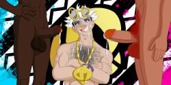 balls black_hair bodily_fluids body_hair cum cum_on_face digital_media_(artwork) dustin_c gay genital_fluids genitals glasses glasses_on_head guzma_(pokemon) licking_cum looking_at_viewer male male_only necklace penis pokemon pubes simple_background smile sunglasses sunglasses_on_head tattoo tattoo_on_arm team_skull threesome tongue tongue_out white_hair