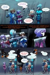 4girls blue_hair brown_hair comic_page fattmana female hidracorpnsfw hourglass_figure multiple_girls purple_hair sci-fi screen_face skinsuit tagme white_hair