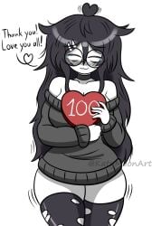 1girls big_breasts big_thighs black_hair blush blush_lines choker cute depressed eyebags female female_only glasses happy katy_(katymoonart) katymoonart long_hair messy_hair not_porn oc original original_character shy smile smiling smiling_at_viewer smug solo solo_female stockings sweater tearing_up tears text thighhighs tired_eyes torn_thighhighs twitter_link twitter_user_oc twitter_username white_background white_body wholesome