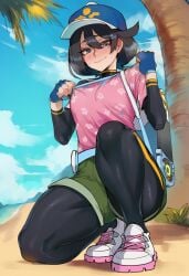 nintendo game_freak pokemon pokemon_ww leafyviolet ai_generated 2d protagonist_(pokemon) female_protagonist_(pokemon_ww) 1girls 1girl female female_only female_focus bodysuit black_bodysuit bodysuit_under_clothes fully_clothed pink_shirt shorts green_shorts black_hair dark_blue_eyes gray_eyes blue_gloves blue_cap cap white_sneakers sneakers blue_sky clouds beach sand thick_thighs toned_thighs blush steam steaming_body backpack gloves