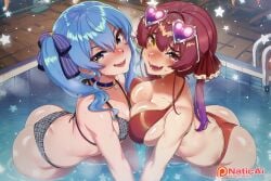2girls absurd_res ahoge ai_generated ass bangs bare_shoulders beret blue_eyes blue_hair blush boobs breast_squish breasts butt_squish cleavage female hair_ornament hair_ribbon hanging_breasts hat heterochromia highres hololive hololive_fantasy hololive_gen_0 hololive_japan hoshimachi_suisei houshou_marine large_breasts long_hair looking_at_viewer medium_hair multiple_females multiple_girls naticai pool red_eyes red_hair side_ponytail small_breasts smile swimsuit thighs virtual_youtuber