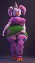 3d_(artwork) accessory anthro avian avian_feet beak big_breasts bird blue_eyes blue_eyeshadow blue_necktie bottom_heavy bottomwear breasts chicken circus_chica clothed clothing digital_media_(artwork) dipstick_hair eyelashes eyeshadow feathers female five_nights_at_freddy's flashing flashing_pussy front_view galliform genitals green_bottomwear green_clothing green_skirt hat headgear headwear hi_res legwear looking_at_viewer makeup necktie no_underwear octal party_hat phasianid pigtails pink_clothing pink_legwear pink_thigh_highs pink_topwear pink_vest raised_bottomwear raised_clothing raised_skirt scottgames skirt smile solo thick_thighs thigh_highs topwear vest vulva white_body white_feathers wide_hips