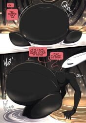 2026 2_panel_comic absurd_res arthropod belly big_belly biped black_body black_eyes black_text breasts comic cumflated cumflated_belly cumflation dialogue ellipsis english_text exclamation_point eyebrows female fingers hi_res hollow_knight hollow_knight:_silksong hollow_knight_(franchise) hornet_(hollow_knight) huge_belly humanoid motion_lines nude partially_submerged solo sound_effects speech_bubble talking_to_self team_cherry text vale-city water white_text