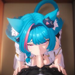 ai_generated neverness_to_everness mint_(neverness_to_everness) cat_ears catgirl cat_tail blue_hair hair_streak pink_eyes fellatio male_pov looking_at_viewer kneeling from_above saliva long_hair ear_fluff