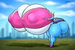 absurd_res anthro big_breasts big_butt breasts butt city clothing female footwear hi_res high_heels huge_breasts huge_butt hyper hyper_breasts lagomorph lavochnica lawn leporid lips mammal rabbit shoes solo thick_lips thick_thighs
