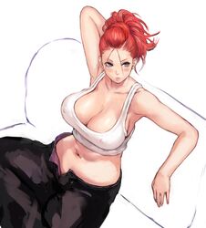 arm_behind_head armpits bancho bare_arms bare_shoulders black_pants blush breasts clavicle cleavage closed_mouth couch earrings erect_nipples erect_nipples_under_clothes female grey_eyes jewelry large_breasts looking_at_viewer looking_up midriff mikanman navel nipples number one_arm_up open_fly original pants ponytail purple_eyes red_hair shiny shiny_skin shirt short_hair short_ponytail simple_background sitting solo stomach tank_top tied_hair unbuttoned_pants unzipped viewed_from_above white_background white_shirt white_tank_top