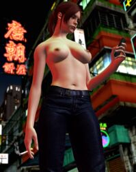 3d breasts cigarette claire_redfield jeans jenbitch red_hair resident_evil smoking topless