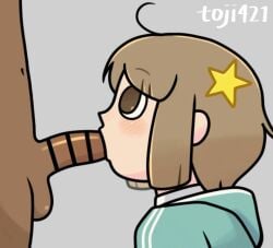 bar_censor blowjob bow bowtie brown_eyes brown_hair collar dark-skinned_male fellatio hairclip hairpin hoodie kaorin_(pop'n_music) light-skinned_female looking_at_partner oral oral_penetration oral_sex penis pop'n_music short_hair tagme toji_(artist) video