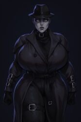 ai_generated ms._x huge_breasts wide_hips thick_thighs clothed fully_clothed fedora trenchcoat coat plump_lips resident_evil female solo solo_female