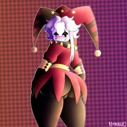 1boy femboy white_skin clown clown_boy pierrot_(the_freak_circus) thick_thighs thick_ass thicc thicc_thighs thicc_ass yellow_eyes blushing ass butt squeezing_butt nyrezu the_freak_circus black_pants no_dialogue