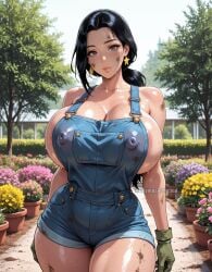 ai_generated black_hair dirty garden gloves huge_breasts illustrious_(stable_diffusion) naked_overalls nipple_bulge obviousaddicted overalls overalls_only sideboob stable_diffusion sweat sweaty thighs
