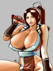 bare_arms bare_legs bare_shoulders breasts brown_eyes brown_hair cleavage erect_nipples fatal_fury female female_focus female_only huge_breasts king_of_fighters kunoichi mai_shiranui nipple_bulge pinup ponytail snk solo thick_thighs tied_hair wakino_keibun wide_hips