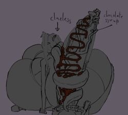 chocolate_on_penis chocolate_syrup clueless clueless_female ellie_(one_cryptid) hyper_ass hyper_breasts hyper_butt hyper_hips hyper_tongue long_tongue one_cryptid pumpkin_head sucking unaware wide_hips