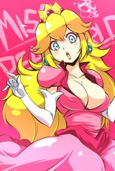 1girls big_breasts blonde_hair blue_eyes blush breasts busty cleavage clothed clothing curvaceous curvy dress female female_only gloves long_hair looking_at_viewer mario_(series) nintendo onija_tarou open_mouth pink_background pink_dress princess_peach solo surprised text thick wide_hips