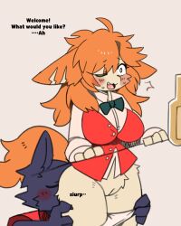 2024 4:5 absurd_res anal anthro bar_counter bartender best big_breasts biped blue_body blue_fur blush bodily_fluids bottomless bottomless_anthro bottomless_female bow_tie breasts canid canine canis clothed clothed_anthro clothed_female clothed_male clothing collared_shirt counter curvy_figure dialogue digital_drawing_(artwork) digital_media_(artwork) domestic_dog dress_shirt duo english_text eyes_closed female fur genitals hair hands_on_legs hi_res innie_vulva intraspecies loomy_(comifur) male male/female mammal nifram_logan one_eye_closed onomatopoeia oral orange_hair orange_tail panties panties_down partially_clothed pizademokttero red_clothing red_topwear rimming sex shirt simple_background sound_effects stealth_sex sweat tail tan_body tan_fur text three-quarter_view topwear underwear underwear_down unprofessional_behavior vulva wide_hipped_anthro wide_hipped_female wide_hips wolf x-ray_view