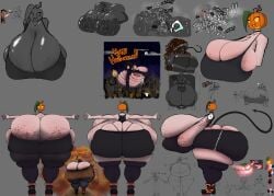 art_sheet chocolate_on_penis chocolate_syrup ellie_(one_cryptid) hourglass_figure hyper_ass hyper_breasts hyper_hips one_cryptid pumpkin_head reference_sheet side_view slurp slurping sucking tail