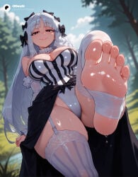 1girl 1girls absurd_res absurdres ai_generated ass bare_shoulders big_ass big_breasts black_bow black_skirt blue_sky blurred_background blurry blurry_background blush bow braid breasts cartoon cartoony cleavage day depth_of_field detached_collar detached_sleeves dress fate/grand_order fate_(series) feet female female_focus female_only foot_fetish foot_focus foot_up foreshortening francesca_prelati_(fate) frilled_choker frills from_below garter_straps grey_hair grin hair_bow half-closed_eyes heart heart-shaped_pupils hi_res high_quality high_resolution highleg highleg_leotard highres large_ass large_breasts leg_up legs leotard light-skinned_female long_hair long_sleeves looking_at_viewer no_shoes odexai outdoors parted_lips presenting_foot red_eyes see-through skirt sky small_waist smile soles solo solo_focus standing standing_on_one_leg stirrup_legwear straight strapless striped_clothes striped_thighhighs symbol-shaped_pupils thick_thighs thighhighs thighs thin_waist toeless_legwear toes tree vertical-striped_clothes vertical-striped_thighhighs very_long_hair water wet wet_clothes white_hair white_leotard white_thighhighs wide_hips window